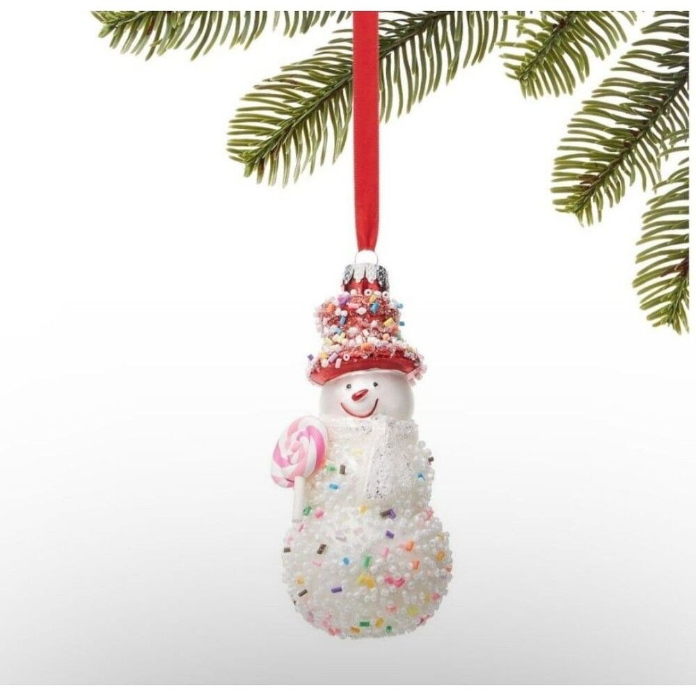 Holiday Lane Sugar Plum Glitter Snowman w Peppermint ornament